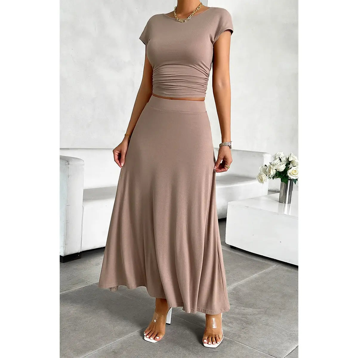 ROUND NECK RUFFLE SHIRT AND SKIRT SET