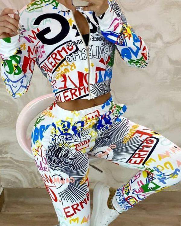 GRAPHIC PRINT ZIPPER CROP JACKET PANTS SET