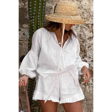 ADJUSTABLE CUFF LONG SLEEVE BLOUSE RUFFLE HEM SHORTS SET