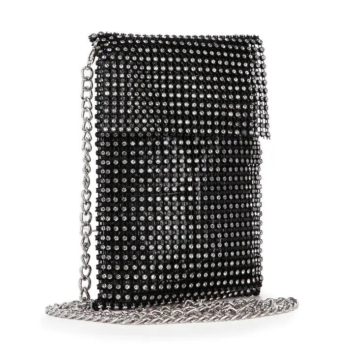 RHINESTONE METAL MESH CELL PHONE CROSSBODY