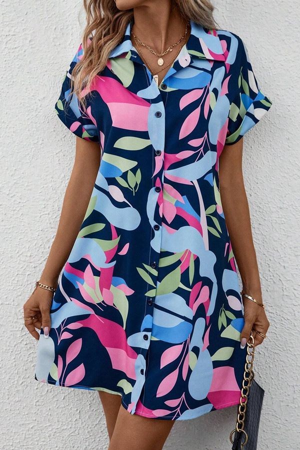 FLORAL V NECK BUTTON DOWN SHIRT MINI DRESS