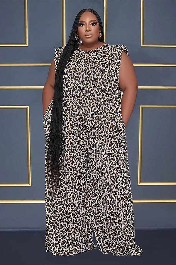 SEXY PLUS SIZE LEOPARD WIDE LEG JUMPSUIT