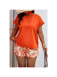 PLUS SIZE SOLID ROUND NECK SHIRT PRINT SHORTS SET