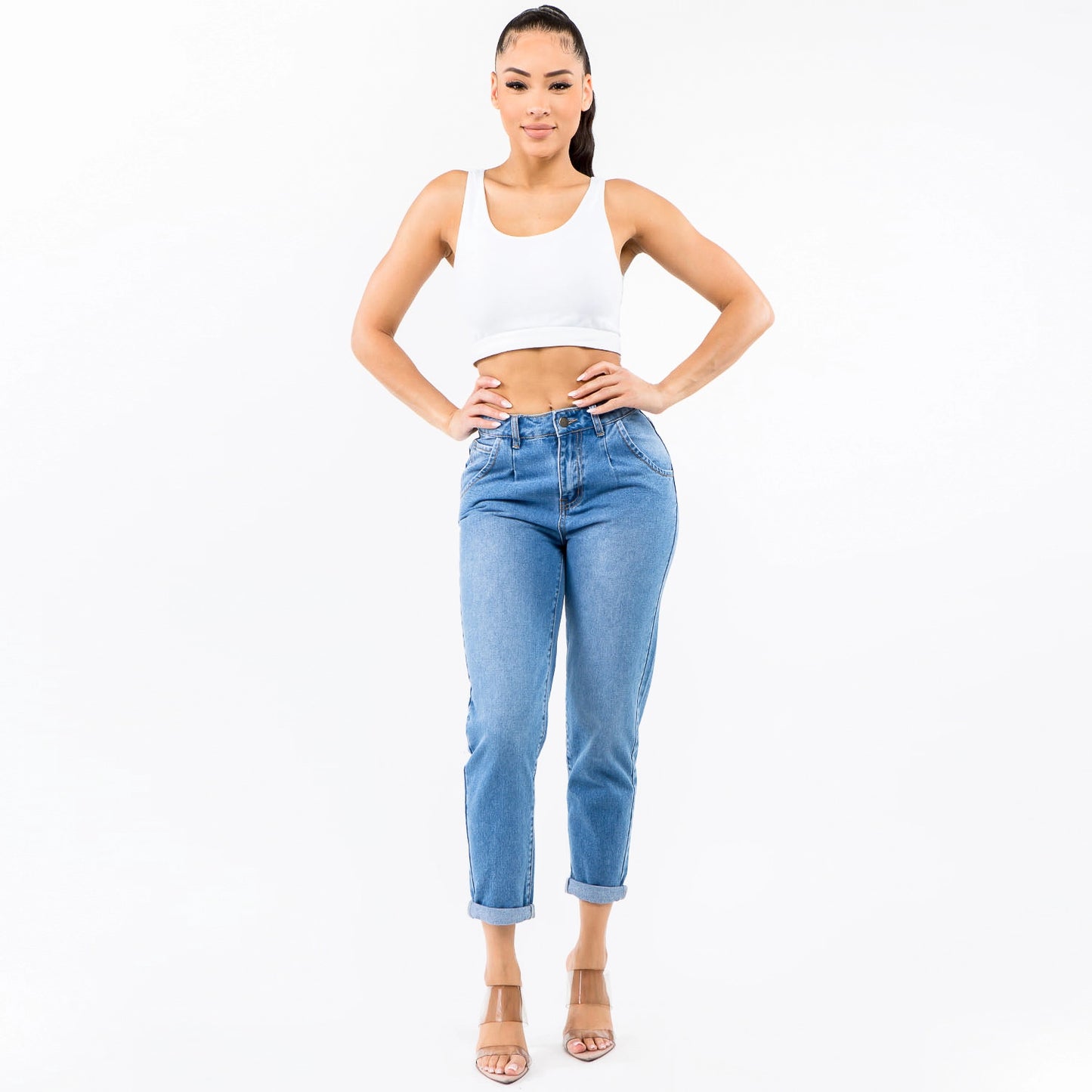 HIGH WAISTED PLEATED WAIST MOM JEANS