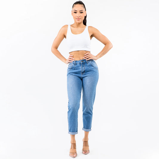 HIGH WAISTED PLEATED WAIST MOM JEANS