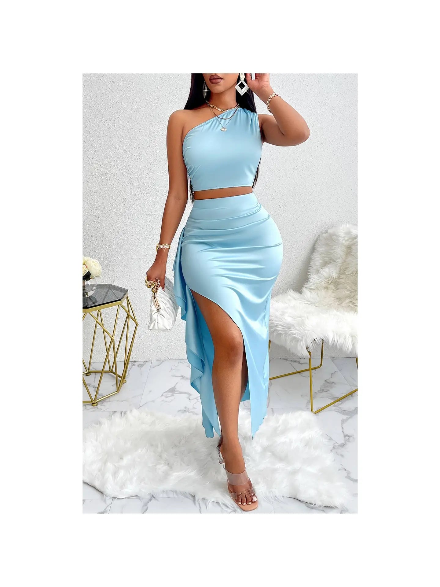 ASYMMETRY RUFFLE HEM ONE SHOULDER RUCHED SET