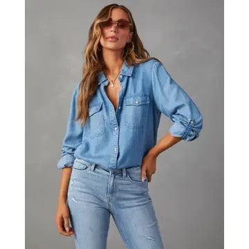 SWEET KAMA LADIES DENIM POCKETS LONG SLEEVES SHIRT