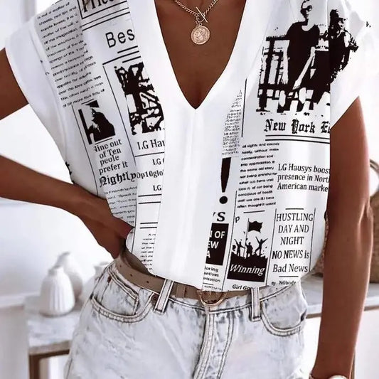 NEWSPAPER PRINT V NECK SHORT SLEEVE TOP
