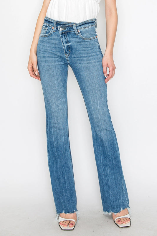 HIGH RISE CROSSOVER WAIST FLARE JEANS